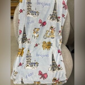 Coquette Paris Italy Dogs with Pink Bows Blue Plush Cozy Throw blanket NWT